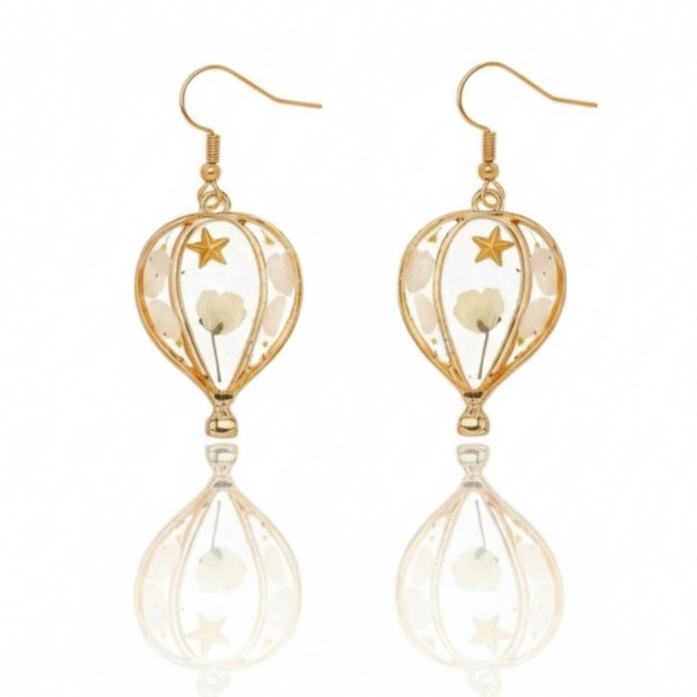 🆕️ Artisan With Real Floral & Resin Gold Hot Air Balloon Earrings